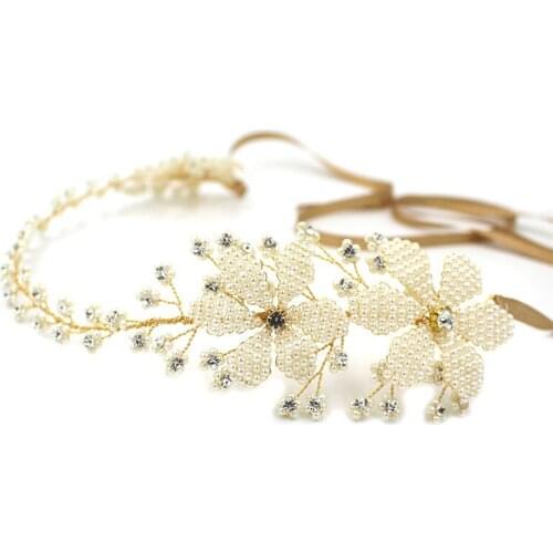 Gold Wedding Headband Headpiece Pearls Hair Vine Rhinestone Bridal Hair Jewelry Accessories Handmade