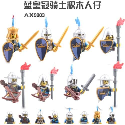 10 pieces Blue Crown Knight Medieval Roman Soldiers Pile Small Wooden Figures Castle Series