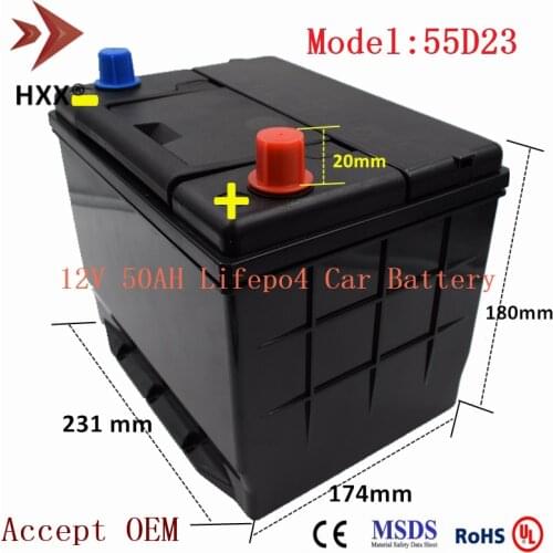 Lifepo4 12V 50Ah Car Battery CCA 500A Auto Lithium Batteri Pack free Maintenance with BMS for Camper Truck Van Electronics Power