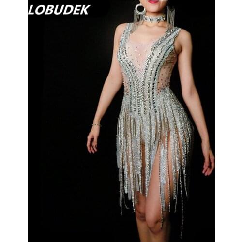Shining Rhinestones Silver Chain Tassel Perspective Bodysuit Sexy Nightclub DJ Female Singer Party Show Costume Dance Stage Wear