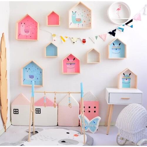 Wooden House Shape Racks Nordic Colorful Livingroom Baby Room Wall Hanging Storage Holders Creative Desktop Decoration Shelves
