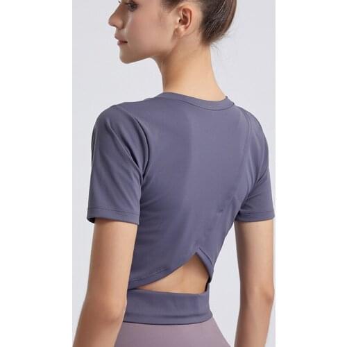 Fitness-Training Summer Women Nudity Tight Short Sleeve Loose Exposed Navel Quick-Dry Workout Running Yoga Top Ladies FSLS3051-T