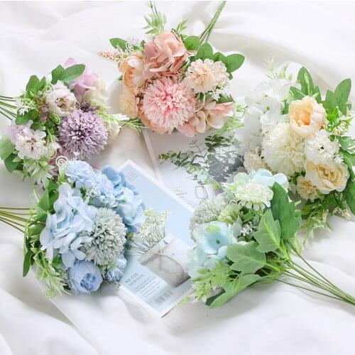 Hydrangea Silk Artificial Flowers Bouquet Silk Fake Peony Bridal Hand Flower Roses For Wedding Home Arrangement Decoration