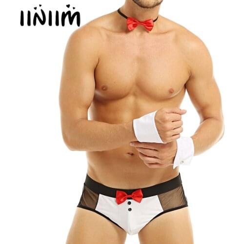 Iiniim Mens Exotic Lingerie Sex Tuxedo Set Candyman Costumes Night See Through Butt Jockstraps Splits Underwear with Bow Tie