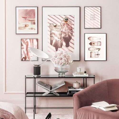 Pink Perfume Bottle Wine Drink Canvas Canvas Painting Retro Art Fashion Poster Print Beauty Makeup Picture Salon Girl Room Decor