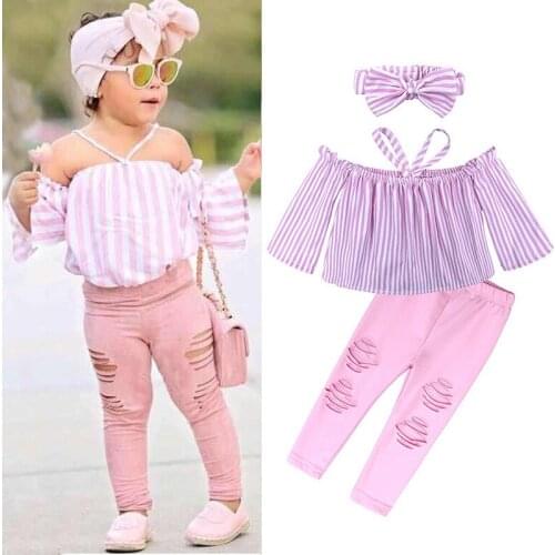 New Fashion 2-7Y Girls Summer Clothes Pink Striped Top + Ripped Trousers + Headwear Baby Girl 3PCS Suit Kids Clothing Set Outfit