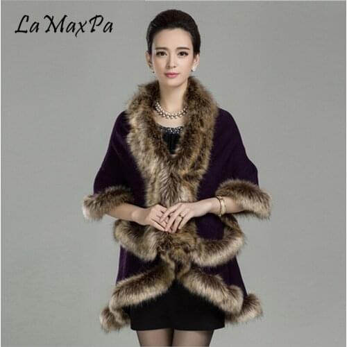 LaMaxPa Long Wool Cashmere Faux Fox Fur Coats Women Poncho Double Cardigan Mujer Falso Pelaje Chaqueta Femme Fausse Fur Mantaeu