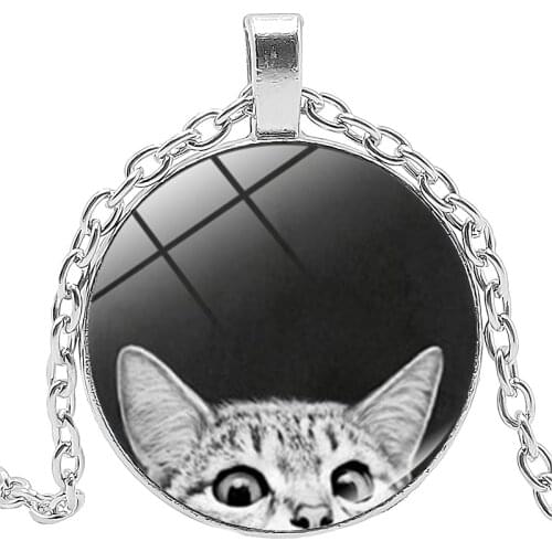 Hot / 2019 New Jewelry Statement Necklace Cute Cat Creative Time Glass Convex Round Pendant Necklace Childrens Gift