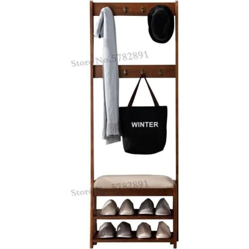 Solid Wood Shoe Changing Stool Hanger Integrated Combination Floor Landing Coat Rack Rack Shoe Rack Simple Multifunctional Shoe
