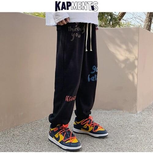 KAPMENTS Men Harajuku Streetwear Printed Black Sweatpants 2021 Spring Mens Fashion Cotton Vintage Cargo Pants Man Letter Joggers