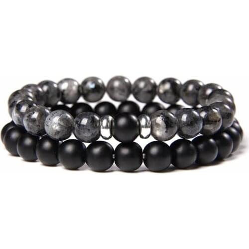 Bracelet Set 2 Chains Natural Stone beads Bracelets Men Matte Onyx Agat Polished 8 mm Labradorite Bangle Women Stretch Pulsera