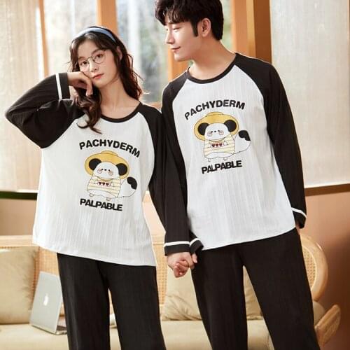 Women Men Autumn Winter Pajamas Long Sleeve Couple Cotton Homewear Cute Cartoon Small Animals Print Black O-neck Women Sleepwear