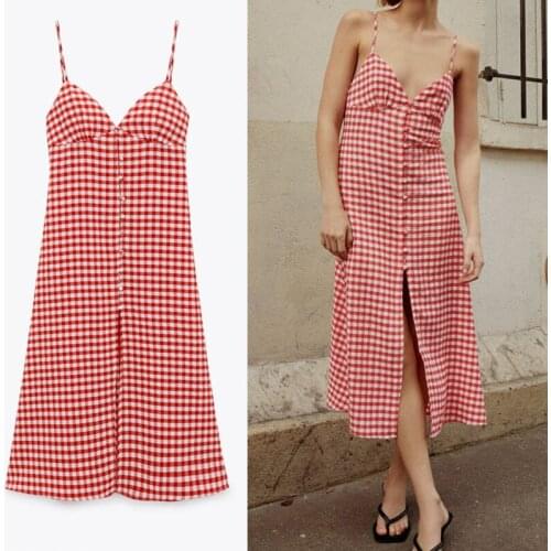 Sling Plaid Backless Dress 2021 Summmer Sleeveless V-neck Spagetti Strap Dresses Midi Fashion With Button Hem Vents Dress