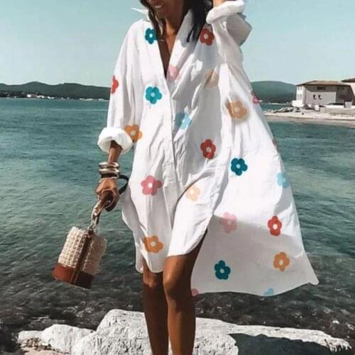 Women V Neck Floral Print Dress Casual 2021 Spring Long Sleeve Irregular Shirt Dress Summer Loose Beach Midi Dresses Vestidos