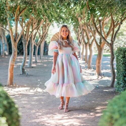 Rainbow Color Gradient Fashion Boat Neck Mini Skirts Tulle Ruffles Princess Dresses Birthday Party Colour Custom Made