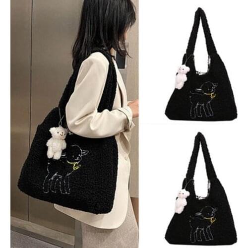 Women Lamb Like Fabric Shoulder Simple Canvas Handbag Tote Large Capacity Embroidery Shopping Bag Cute Book Bags For Girls 2021