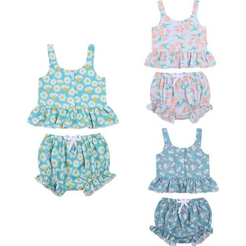 Summer Lovely Baby Girls Clothes Sets 2pcs Flowers Printed Sleeveless Ruffles Vest Tops Shorts