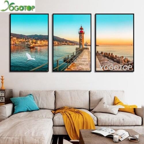 Triptych lighthouse diamond Embroidery DIY Diamond Painting Full mosaic Blue Sea Sunset Coastal Landscape Seascape 3pcs ML1253