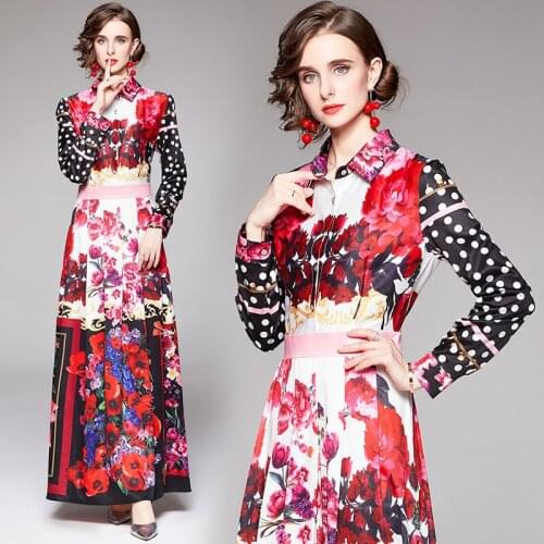 Womens Long Sleeve Retro Floral Print Holiday Long Pleated Vestidos Autumn Fashion Runway Overlays Flower Maxi Dresses 8620