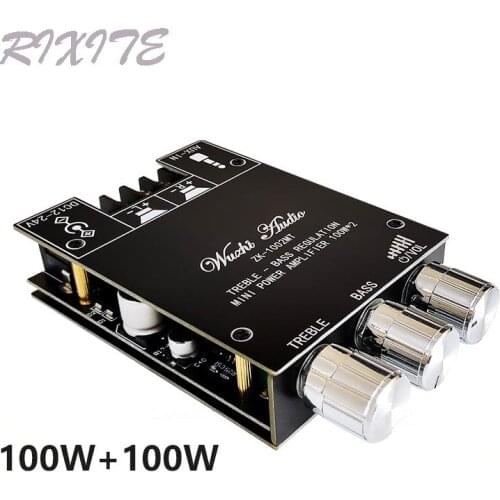 100W+100W Bluetooth 5.0 Dual Channel Power Audio Amplifier Board Stereo AMP Amplifier Aux DC12V-24V 1002