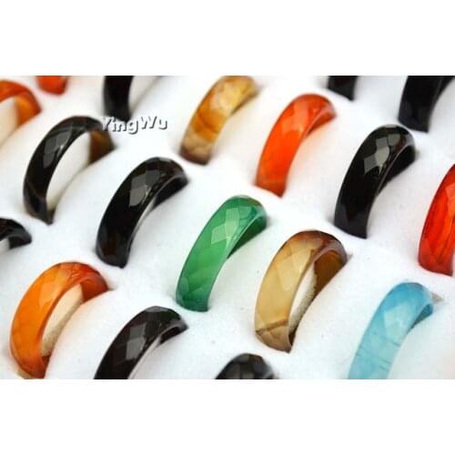 Yingwu 20Pcs Natural Agate Rings Carnelian Jade Gemstone Faceted Band Rings 17-19mm Sizes