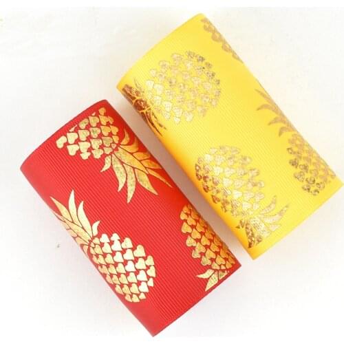 50yards 75mm Hologram Gold Foil Pineapple Grosgrain Ribbon Fruit Series For DIY Accessories Welcome Custom printed