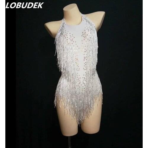 White Purple Red Tassel Crystal Bodysuit Sexy Backless Stretch Tights Nightclub Lady DJ Singer Performance Dance Wear DS Costume