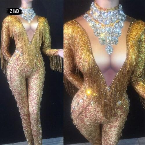Sparkly Gold Long SleeveTassel DJ nightclub Party Bodycon crystal rhinestone Jumpsuit pole stage celebrate Sexy Dancer Costumes