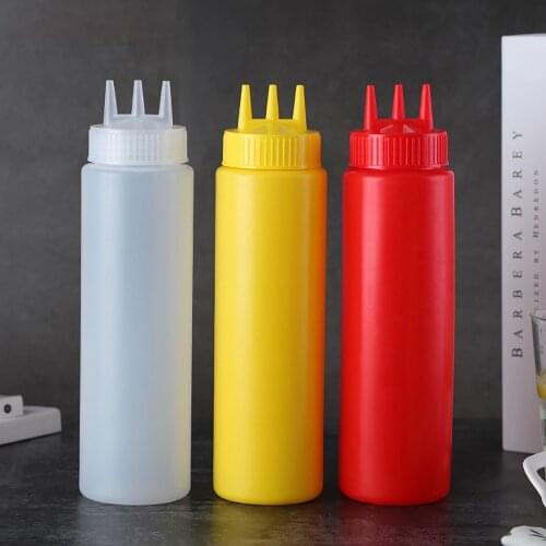 3 Holes 350ml Twist Cap Squeeze Bottle Food Grade Plastic Ketchup Mustard Mayo Sauces Olive Oil Salad Bottles Kitchen Gadgets