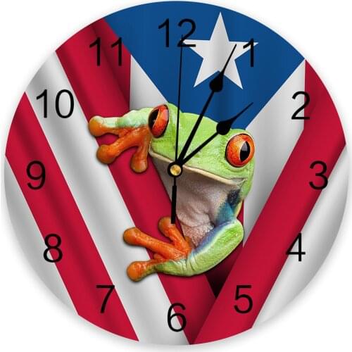 Puerto Rico Flag Frog Round Wall Clock Modern Design Home Living Room Decoration Childrens Room Kitchen Table Clock