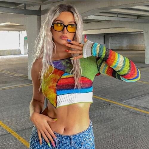 2021 Summer Autumn Fashion Womens Striped Patchwork Printing Crop Top T-Shirts One Shoulder Slim Tee Top Girls Short Tees Tops