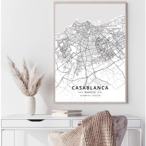 Morocco World map Casablanca Marrakesh Rabat Tangier black and white map poster print unframe poster office decoration