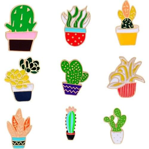 Cartoon Enamel Brooch Creative Potted Green Grass Cactus Tree Set Brooch Set Fashion Personality Cowboy Shirt Pin Jewelry Gift