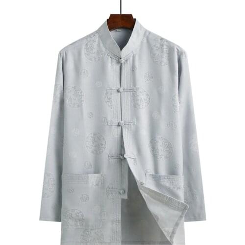 Mens shirt Tang suit long-sleeved Chinese style cotton linen top loose large size printing casual mens Tai Chi suit gray tops