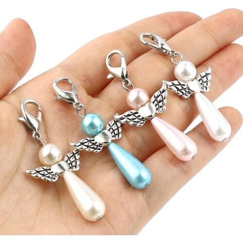 5 PCs Vintage Angel Knitting Stitch Markers Zinc Alloy Antique Silver Color Round Long Pearl Cross Stitch Holder DIY Sewing Kit