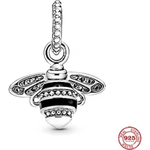 925 Sterling Silver Black Enamel Bee Pendant Charm Fits Pandora for Woemen Bracelet or Necklace Fine Jewelry
