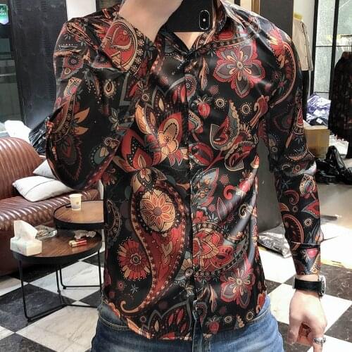 High Quality 2021 Spring New Cashew Trend Long Sleeve Shirt Flower Shirt Men Luxury Baroque Paisley Shirts Men Dress Streetwear
