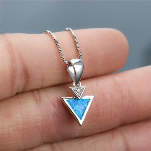 White Blue Fire Opal Triangle Pendant Necklaces For Women Wedding Party Jewelry Silver Color Chain Geometric Necklace Girls Gift
