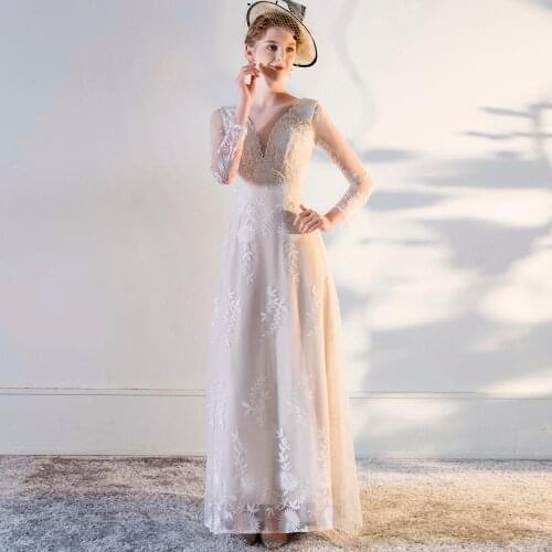 A Line Lace Overlay Wedding Dress Long Sleeve Floor Length Plus Size Low Back Illusion V Neck 2020 Bridal Bridesmaid Gowns #1230