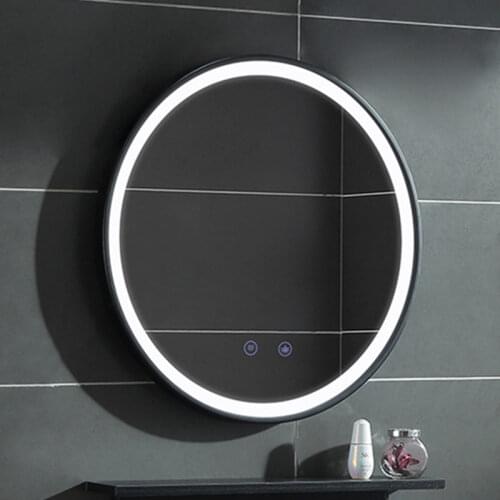 Smart Touch LED Light Light Bathroom Mirror Anti-fog Wall Hanging Makeup Mirror Black Frame Wrought Iron Edge Round Mirror