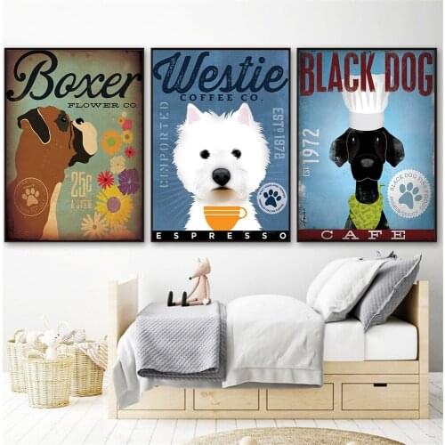 Vintage Wall Art Prints Cute Dog Poster Pug Coffee Club Canvas Picture Frameless Paintings for Home Design Retro Animal Prints