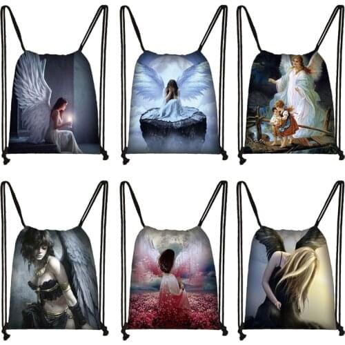 Vintage Oil Angel Print Drawstring Bags Women Casual Daypack Girls Portable Backpack Ladies Storage Bags for Travel Shoes Holder