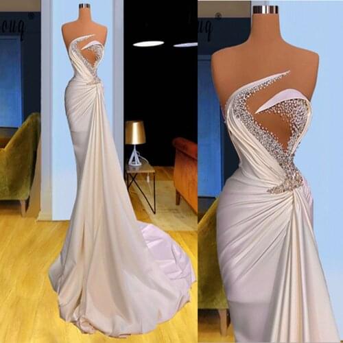 Pearls Mermaid Evening Dresses Luxury Beading Pleated Formal Party Night Gowns High Split Evening Gown Robe De Soiree