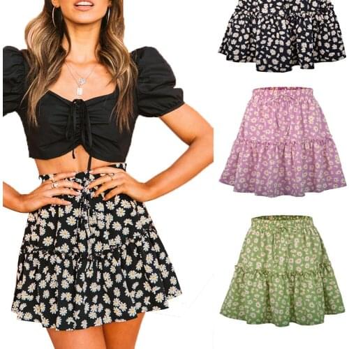Ladies Floral Bohemiea Mini Skirt Summer Little Daisy Printed Pleated A-line Jupe Lace-up Loose Fashion Vacation Female Skirts
