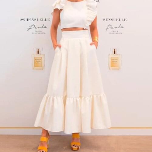 Off white Maxi Skirt for Women High Waist Ruffled Bottom Elegant Prom Party Gown with Pockets Ankle Length A Line Female Skirts