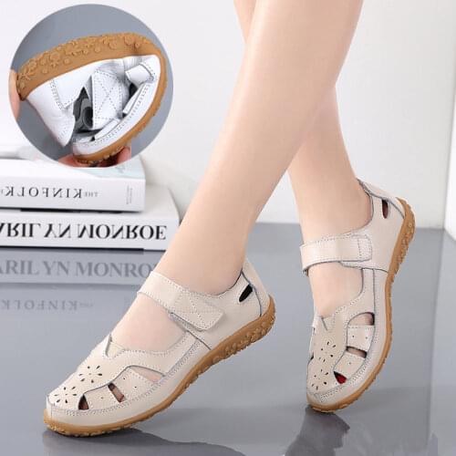 Split Leather Big Size EU42 Female Sandals High Quality Mom Casual Flat Shoes Woman Summer Sandals Cut-out Sandalias Mujer SH319