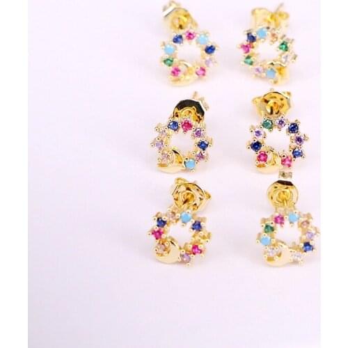6Pairs, Rainbow crystal cz micro pave fashion jewelry for Women Girl zircon round shape earrings high quality stud