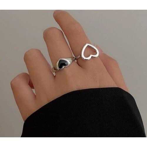 Vintage Punk Silver Plated LOVE Hollow Heart Rings Fine Jewelry for Women Couples Trendy Elegant Party Accessories Gifts