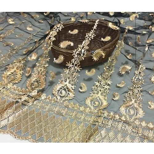 1meter Fine embroidery black mesh lace gold thread embroidery clothing fabric positioning wave lace fabric