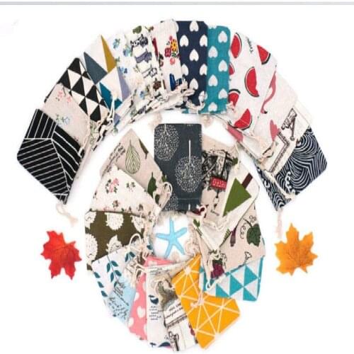 10pcs 20pcs 50pcs/lot Pretty Printed color Linen Fabric Jute Drawstring bag Earrings Brooch jewelry Wedding gift package pouches